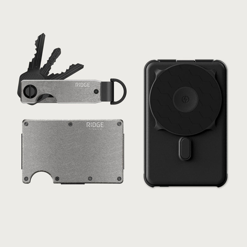 Ridge Wallet + Power Bank + KeyCase - Stonewashed Titanium + Matte Black + Stonewashed Titanium — image 1